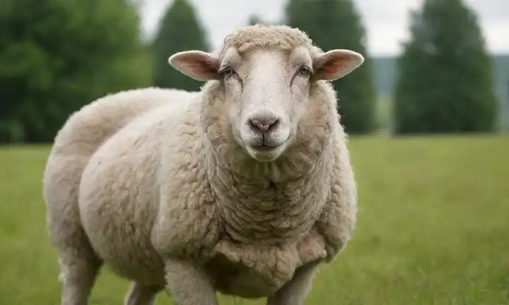 Una oveja con un abrigo suave, de pie en un prado verde, con una expresión tranquila, rodeada de un fondo borroso de árboles y cielo
