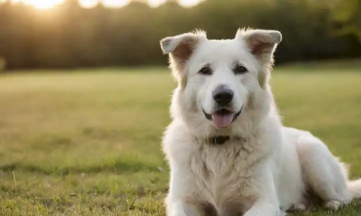 Un suave y tranquilo perro de oveja con un abrigo blanco y oídos negros; sentado en un campo de hierba, mirando a la distancia con ojos amistosos; rodeado de luz solar de enfoque suave; usando una postura relajada; transmitiendo lealtad y serenidad