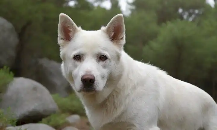 Un retrato de un perro blanco majestuoso y agitado con ojos marrones perforados