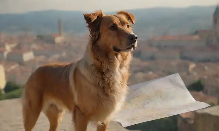 un perro grande con recubrimiento rizado, de pie en las patas traseras, sosteniendo un pergamino o mapa en su boca, puesto en contra de un borroso paisaje urbano italiano fondo, con el sol brillando desde la esquina superior izquierda, perros fur soplando en el viento