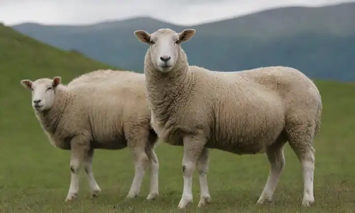 ovejas en un prado verde con una cordillera en el fondo, de pie al lado del otro y mirando alerta hacia la izquierda, piel con un color blanco base y parches oscuros en la cara y las piernas, orejas erectas, nariz curvada hacia arriba, ojos negro y alerta