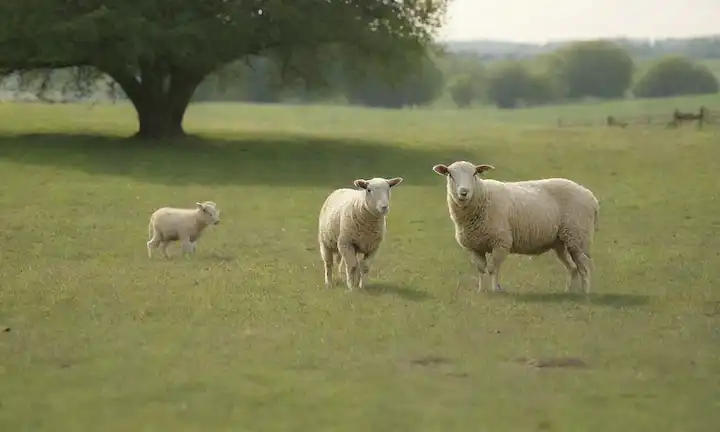 Oveja pastando en un prado verde, con unos cuantos corderos corriendo alrededor, una raza de ovejas de alta llanura blanca polaca en foco, suave luz del sol arrojando sombras suaves, una granja rústica o fondo de pasto, posiblemente una puerta o cerca visible, entorno natural enfatizado