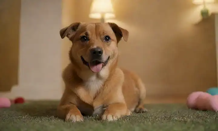 Un perro embarazada feliz con pezones hinchados y vientre, mirada suave, y una sonrisa sutil, de pie en la hierba o en un ambiente acogedor hogar, rodeado de juguetes o golosinas, iluminación cálida, colores suaves, pose adorable