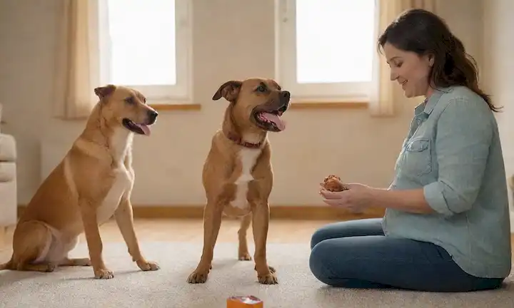 Perro embarazada con vientre hinchado, expresión curiosa, sentado en un salón con juguetes esparcidos alrededor; los propietarios sostienen un regalo, sonriendo y mirando al perro con una mirada amorosa; un gato mirando desde una silla cercana; la luz del sol fluyendo a través de una ventana abierta; enfoque suave en el fondo para enfatizar la atmósfera pacífica