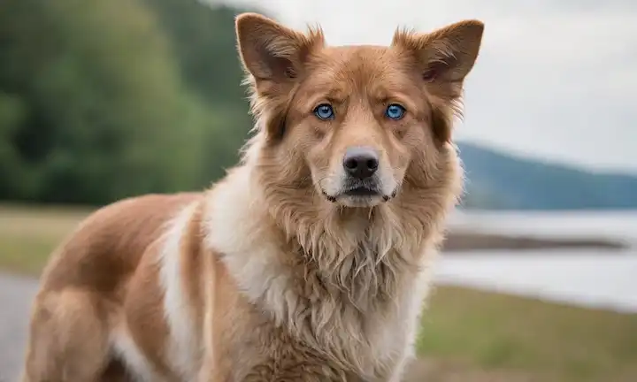 Un perro majestuoso con una capa doble gruesa, ojos azules profundos y orejas erectas; su piel es rizada y ligeramente ondulada, con una forma V distintiva en su frente; el cuerpo animal es musculoso y atlético, con un pecho prominente y piernas bien definidas; se encuentra en una postura relajada contra un fondo borroso