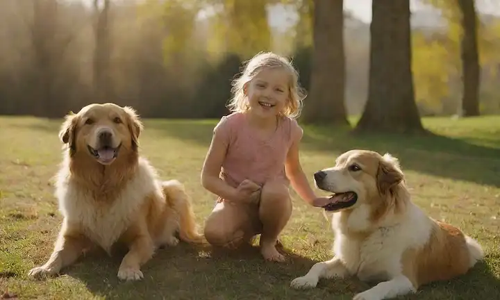 Un perro suave, tranquilo y sereno, con un niño riéndose cerca; un ave de plumas suave encaramado en los perros de espalda; fondo suave y naturalista con árboles y colinas; luz del sol tibia arrojando sombras largas; los perros pelan con sutil textura y variación del color; los niños ojos brillantes y alegre expresión