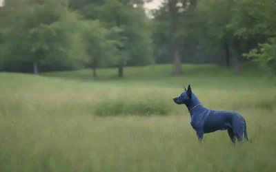 Un paisaje sereno con un majestuoso perro azul de pie alto