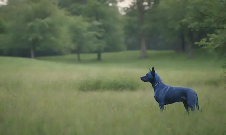 Un paisaje sereno con un majestuoso perro azul de pie alto