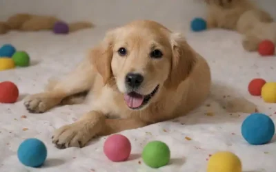 una fotografía de tono cálido de un cachorro de recuperador de oro lúcido tumbado en una manta suave