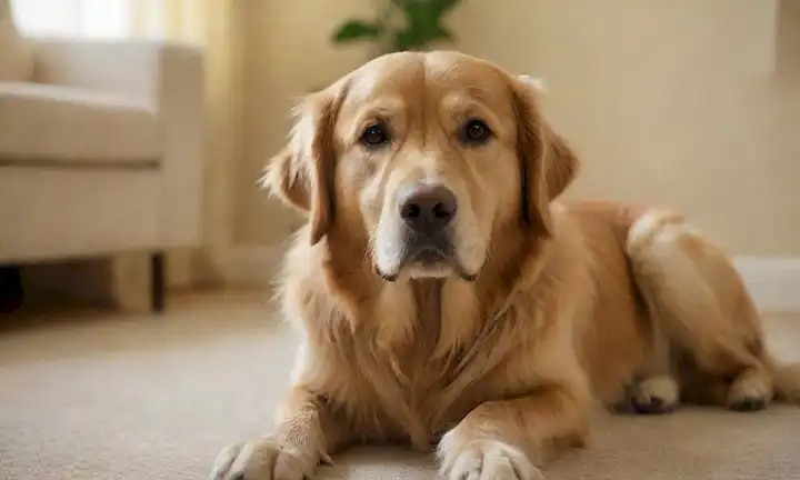 Recuperador dorado con pata artrítica, expresión suave, entorno tranquilo, luz natural, fondo borroso, colores cálidos, perro senior en foco, sutil insinuación del dispositivo de asistencia para la movilidad, transportando comodidad y serenidad, ambiente tranquilo
