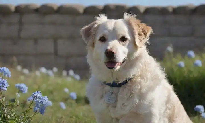Un perro feliz de tamaño mediano con un abrigo rizado