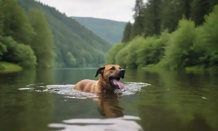 Un perro feliz nadando en un lago sereno en un día soleado