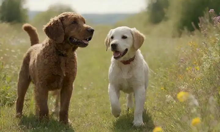 un agua española lúdica Perro cachorro rodeado de niños felices, un gato curioso, y un labrador retriever, todos jugando juntos en un prado soleado con flores silvestres florecientes, un suave arroyo corriendo a través del fondo, luz caliente filtrando a través de los árboles