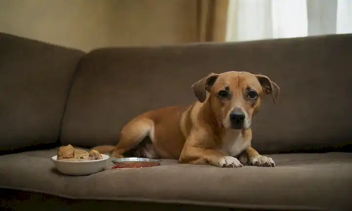 Un perro de aspecto deprimido sentado en un sofá con la cabeza en las manos, junto a un cuenco de comida de media comida; un juguete desgarrado y desgastado acostado cerca; un cuarto iluminado con una cortina cerrada; un reflejo débil de la tristeza en los ojos de los perros; un sentido de desesperanza en su postura
