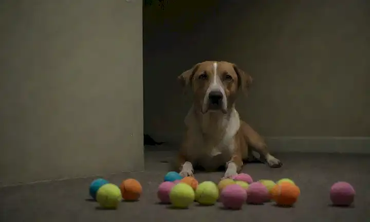 un perro sentado solo en un cuarto oscuro, rodeado de juguetes esparcidos y golosos olvidados, con una sombra débil en la pared insinuando una pérdida de brillo en sus ojos; una bola de tenis descolorida está cerca, simbolizando la falta de estimulación física y mental