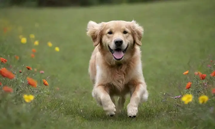 Happy golden retriever running in a green meadow, surrounded by colorful flowers, with a few leaves and twigs disperseed around its paws