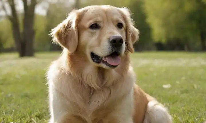 Perro de raza Golden recuperador con un abrigo brillante, sentado sobre un fondo pastoso, teniendo una postura relajada, mirando directamente al espectador, con una cola ondulante y una expresión amistosa, rodeado de algunos árboles y flores, bajo un cielo soleado