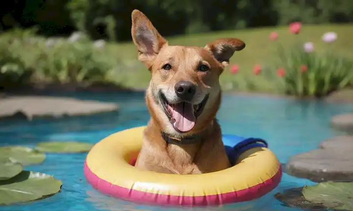 Un perro sonriente en una piscina, con un anillo de goma colorido, rodeado de lirios de agua, con suaves ondas en la superficie, y un fondo borroso de un día soleado, mostrando felicidad y relajación