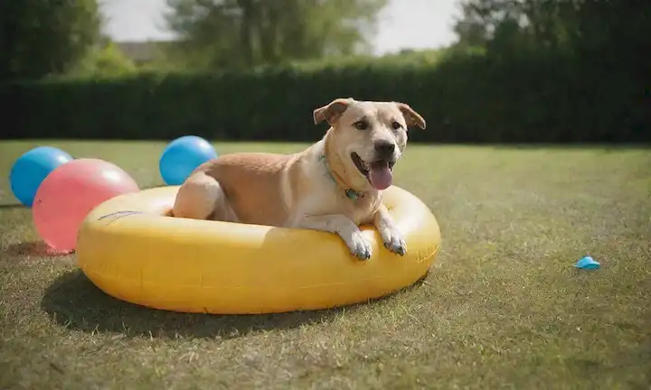 Feliz perro jugando en el agua de la piscina con flotador inflable, rodeado de césped verde y soleado cielo, con unos pocos juguetes de la piscina cerca, una suave salpicadura o burbuja que suben de la superficie, atmósfera tranquila, sin bordes ni peligros visibles, estética amigable con los niños