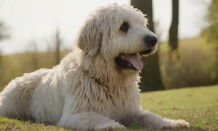 Un suave perro de Komondor con pelaje amarrado, sentado sobre una colina herbosa, rodeado de árboles, en la cálida luz del sol, con sus orejas golpeando ligeramente en la brisa, y sus grandes ojos marrones mirando suavemente a la distancia