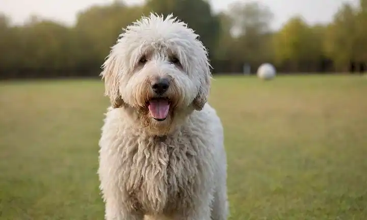 Un perro Komondor con un abrigo suave, de pie en un entorno natural como un campo o un parque, con una expresión tranquila, mirando hacia adelante, rodeado de algunos objetos como un palo o una pelota, y un fondo borroso para crear profundidad