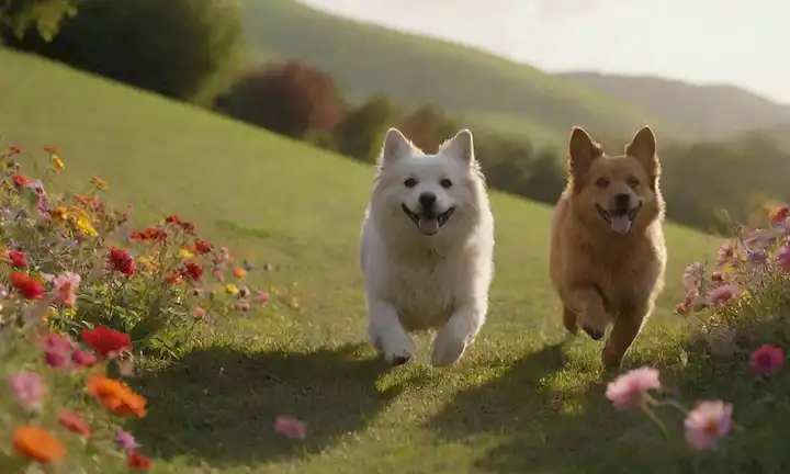 2 perros pequeños corriendo junto a un perro gigante en una colina verde, rodeado de flores coloridas, con un sol cálido brillando, transmitiendo la felicidad y la longevidad, utilizando colores vibrantes para contraste razas pequeñas y grandes, destacando el tema de los títulos, mostrando movimiento sin cuidado y alegría