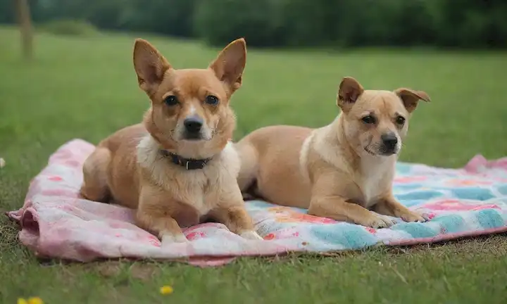 Una escena de verano serena con perros pequeños saltando sobre mantas