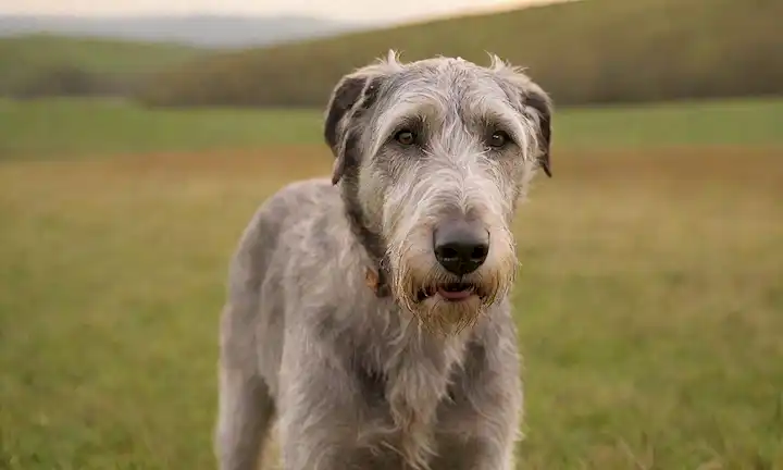 Una suave raza de perro de Wolfhound irlandés, de pie sobre un campo de hierba con colinas onduladas en el fondo; su capa de afeitado soplado suavemente en el viento; ojos marrones expresivos mirando directamente al espectador; orejas dobladas hacia atrás contra su cabeza; una calma demeanor y una ligera sonrisa; rodeado de iluminación sutil y dorada