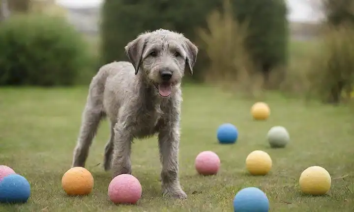 Un feliz cachorro de Wolfhound irlandés con un abrigo suave, de pie sobre hierba verde, rodeado de bolas y juguetes, jugando con una persona, mostrando su naturaleza amistosa, en un día soleado