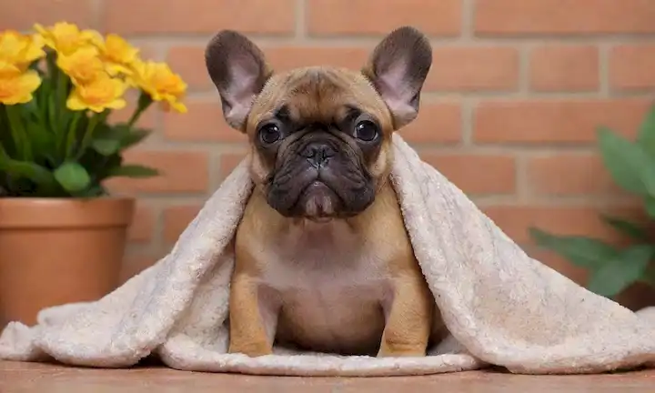 Un cachorro de Bulldog francés con piel arrugada, grandes orejas de murciélago y un hocico corto, sentado en una manta suave, rodeado de flores o hojas, frente a una pared de ladrillo de colores cálidos, con luz natural derramada desde arriba