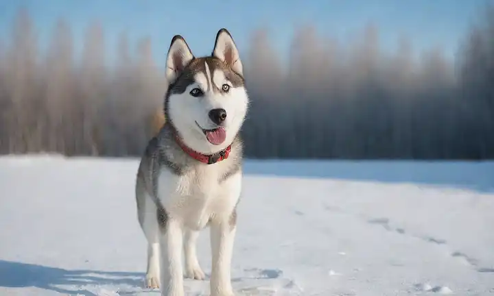 Un feliz cachorro Siberian Husky de pie en tierra cubierta de nieve, con un brillante collar rojo, con su gruesa capa doble brillando bajo la cálida luz del sol, rodeado de árboles congelados y nubes blancas suaves en un cielo azul claro