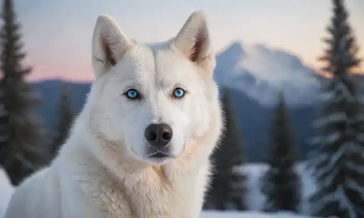 Un majestuoso perro husky blanco con ojos azules perforantes