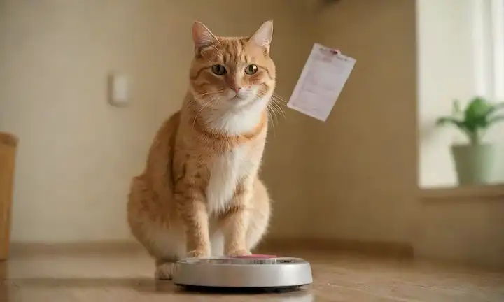 Un gato sano de pie en una escala con un fondo sutil del interior del hogar, iluminación suave y colores cálidos; las manos de los médicos que sostienen un gráfico de peso; un esbozo débil de un tazón de comida y un juguete en la esquina, transportando felicidad y contentamiento; una mano humana borrosa que da afecto