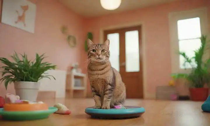 Un gato feliz sentado en una escala, con un veterinario que sostiene un portapapeles, en una habitación colorida con juguetes y golosinas cerca, rodeado de vegetación exuberante, iluminación cálida y un ambiente calmante