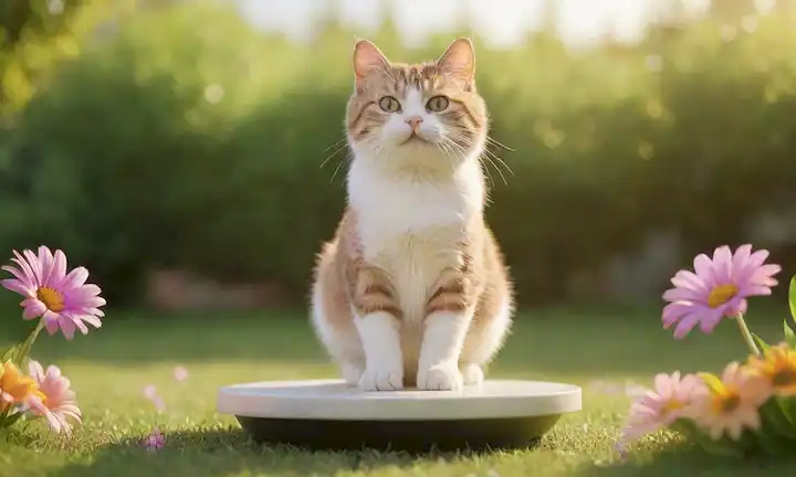 ilustración 3D de un gato feliz de pie en una escala, con una suave sonrisa y una pata descansando en el borde, rodeado de exuberante hierba verde y flores coloridas, la cálida luz del sol brillando hacia abajo, y suave enfoque en el fondo para enfatizar la expresión serena de gatos