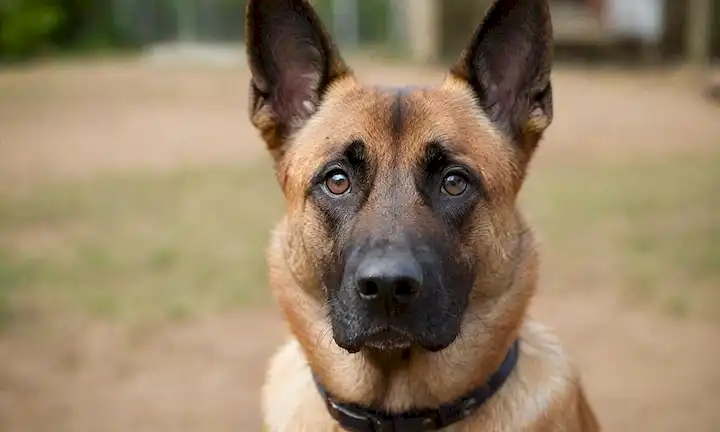 Un acercamiento de una cabeza de perros belga Malinois Shepherd con ojos perforantes, estructura facial robusta y orejas floppy; junto a ella, un fondo borroso de una persona entrenando o manejando al perro; en primer plano, una sombra sutil de una correa o collar; iluminación natural suave