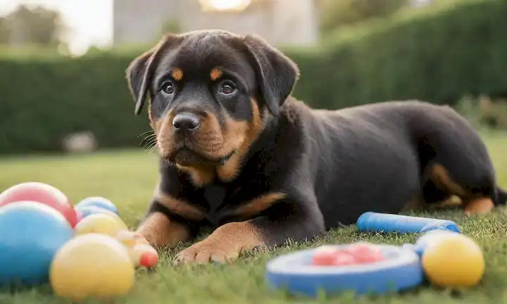 Un alegre cachorro Rottweiler tumbado en hierba con sol, rodeado de juguetes y un ambiente tranquilo, con un fondo sutil borroso para enfatizar el enfoque en perro, colores naturales con tono cálido, estilo de ilustración, no humanos a la vista