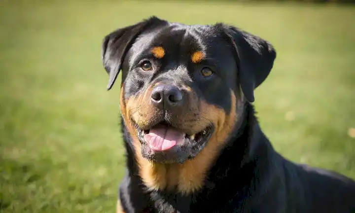 Un retrato de un perro Rottweiler feliz con una fuerte jawline y ojos perforantes