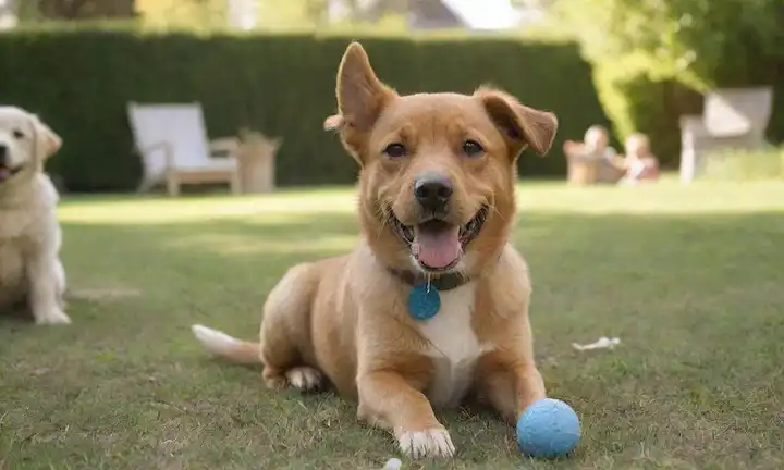 cachorro juguetón en un patio trasero, rodeado de miembros de la familia, con una pelota o juguete en la boca, orejas engreídas, y cola revolviendo, sentado junto a un feliz dueño, en un día soleado, con árboles y flores en el fondo