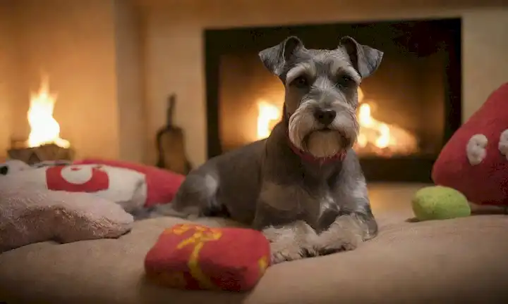 Un Schnauzer miniatura sentado en un sofá, rodeado de juguetes y golosinas, con un cálido resplandor en el fondo, con una acogedora sala de estar con cojines y una chimenea, mostrando a los perros suave expresión y postura afectuosa, en medio de un sentido de comodidad y tranquilidad