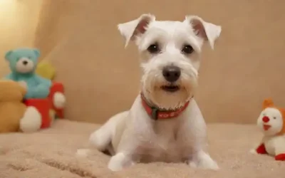 Un perro blanco alegre y suave Miniatura Schnauzer sentado sobre una manta suave