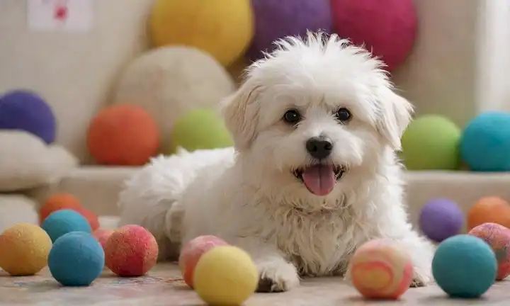 Un perro lúdico, frívolo, blanco con un abrigo áspero, acurrucado, rodeado de colores brillantes, patrones caprichosos y texturas suaves, transmitiendo alegría, amabilidad y energía, posiblemente interactuando con una bola o juguete, con un fondo ligero y ventilado