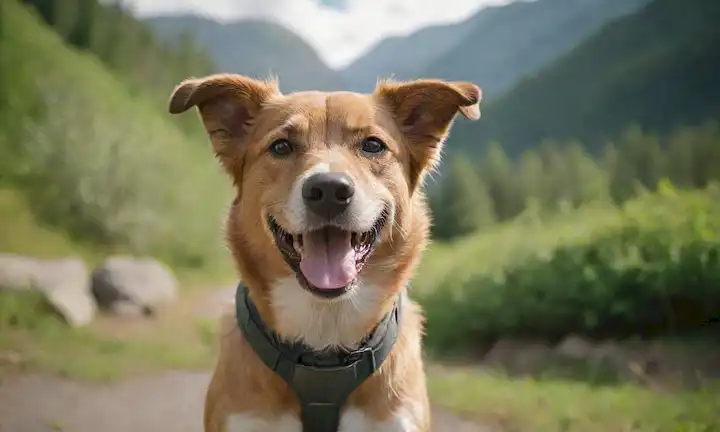 Un perro feliz con un abrigo robusto, mirando directamente al espectador, en un entorno soleado al aire libre, rodeado de vegetación exuberante, con un fondo borroso de montañas o un bosque, y una sonrisa sutil en su cara