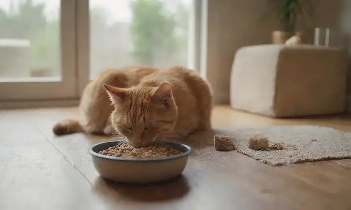 3-5 gatos jugando, comiendo o durmiendo en un suelo de madera o alfombra, rodeado de juguetes de gato y postes de arañazo, con un tazón de kibble en el centro, luz natural cálida de una ventana, textura sutil y afeitado para representar un ambiente hogareño acogedor