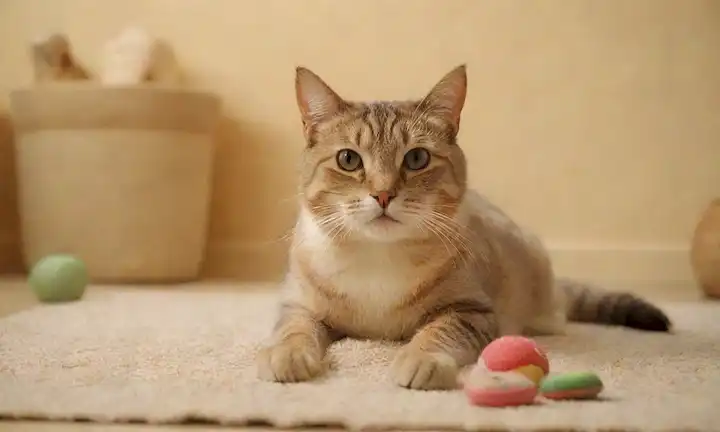 gato feliz sentado en una alfombra, con látigos y oídos perked arriba, rodeado de golosinas y juguetes, teniendo un abrigo brillante, patas juguetonas, y ojos curiosos, colocados en un fondo beige caliente o de color crema