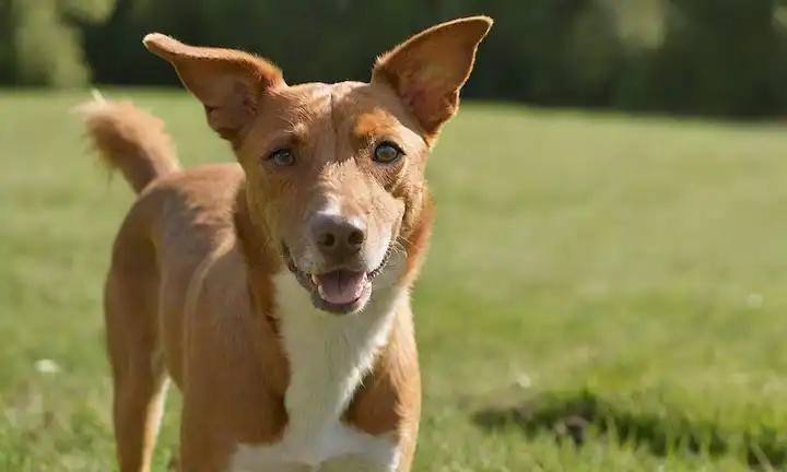 Un disparo de cerca de un perro de raza Podenco Iberso con su pelaje agitado, rodeado de hierba verde exuberante, luz solar caliente filtrando a través, y una sonrisa sutil en su cara, con un toque de movimiento en su postura como si estuviera a punto de empezar a jugar o correr