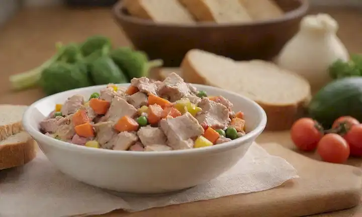 Un cuenco cálido y acogedor lleno de verduras mezcladas, un pedazo de pechuga de pollo congelada, y unas cuantas rodajas de pan integral de grano, rodeado de un fondo suave y colorido, con una patada de perros peludos que llega a tomar un bocado, y algunos kibbles de perros dispersos en el primer plano
