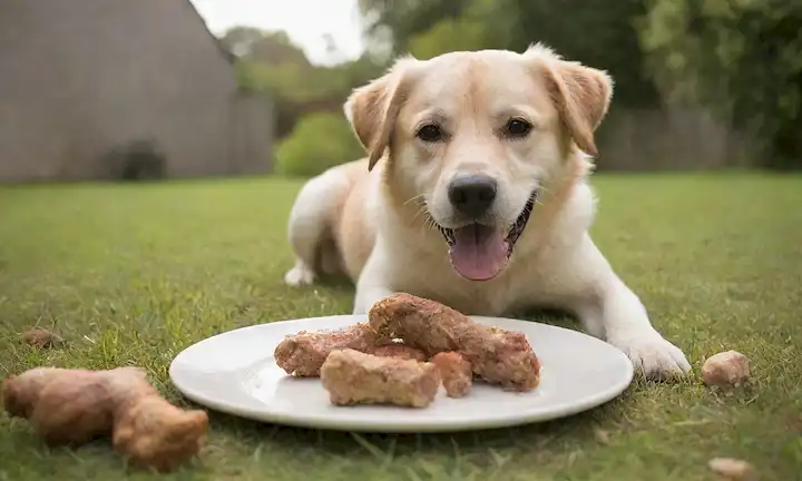 Una foto de un perro feliz jugando con una pierna de pollo congelada, rodeada de golosinas de perros y un tazón de kibble, en un soleado fondo de hierba, con una sombra débil de un chef en la esquina, un plato de comida cocina cerca, y un toque de un utensilios de cocina en el primer plano
