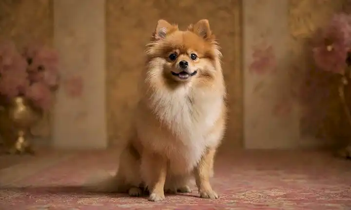 ilustración inspirada en el siglo XVIII, iluminación suave, cuellos adornados con pom-pom, textura suave de piel, paleta de color marrón dorado, perro Pomeraniano de pie sobre sus patas traseras, fondo ornamentado con querubines o motivos florales, detalles intrincados, afeitado sutil