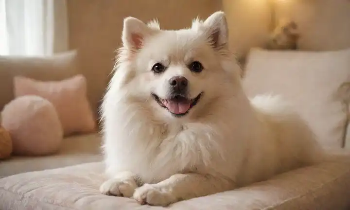 perro blanco con pom-poms gruesos, sentado en un cojín suave, rodeado de juguetes y golosinas, con una expresión suave, iluminación cálida, sombras sutiles, atmósfera tranquila, y un toque de textura de piel